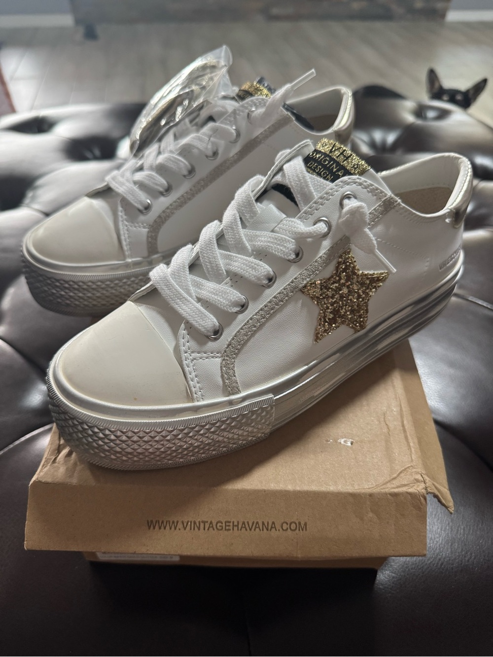 Vintage Havana White Sneakers with Gold Glitter Star Accent